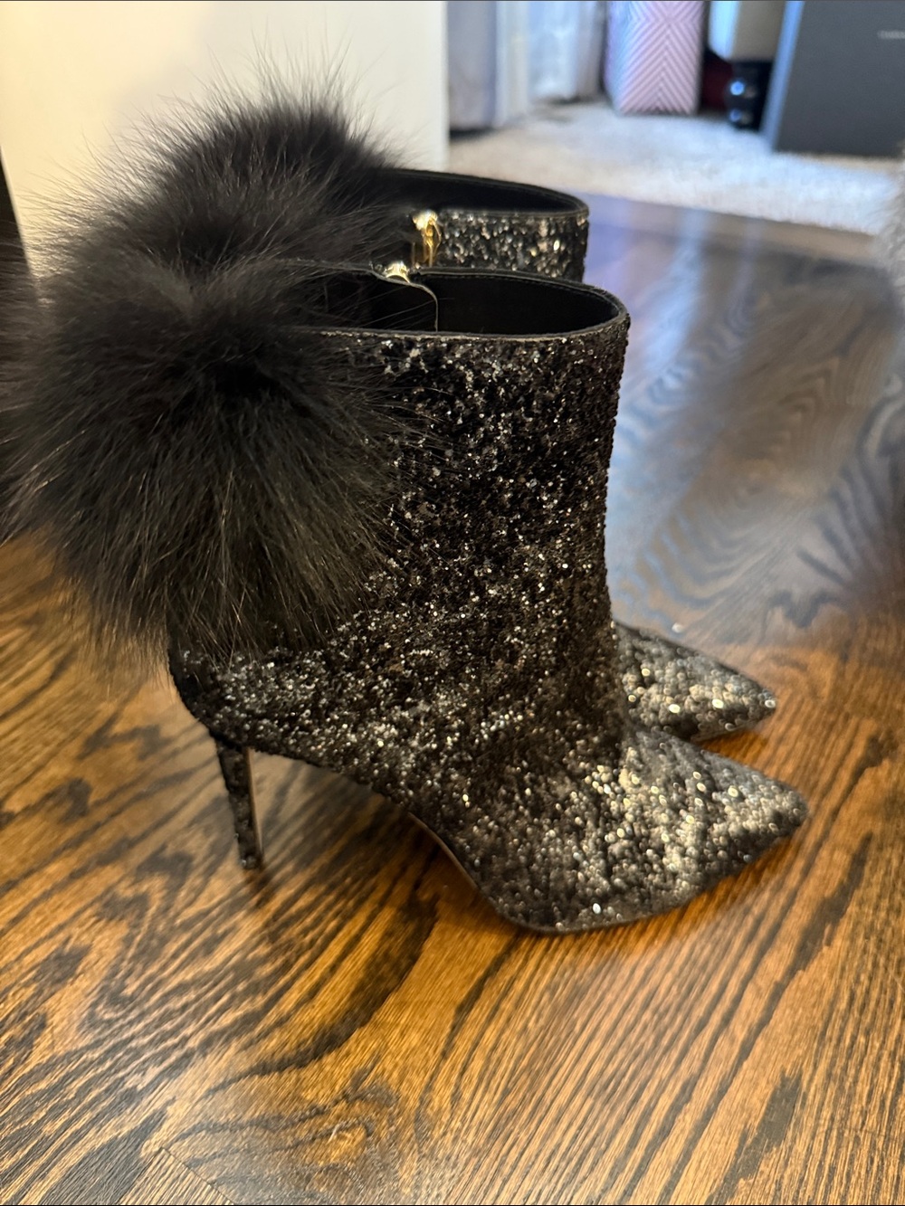 Jimmy Choo Black Sequin Pointed-Toe Ankle Boots with Pom Detail. Brand 39